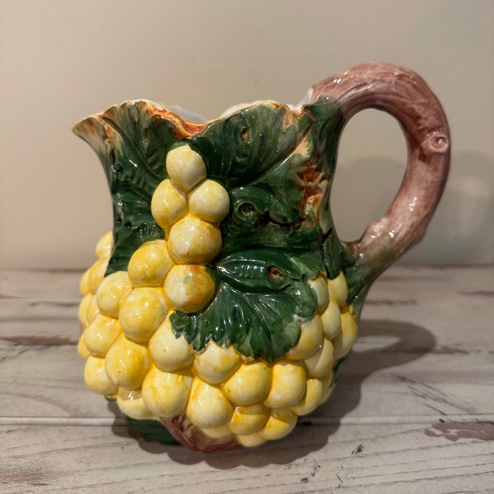Vintage Italian Pitcher Yellow Grapes Green leaves Hand Painted Made In Italy